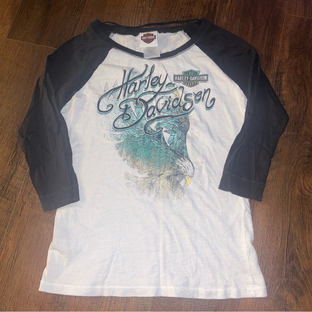 Harley-Davidson White and Black 3/4 Sleeve Tee